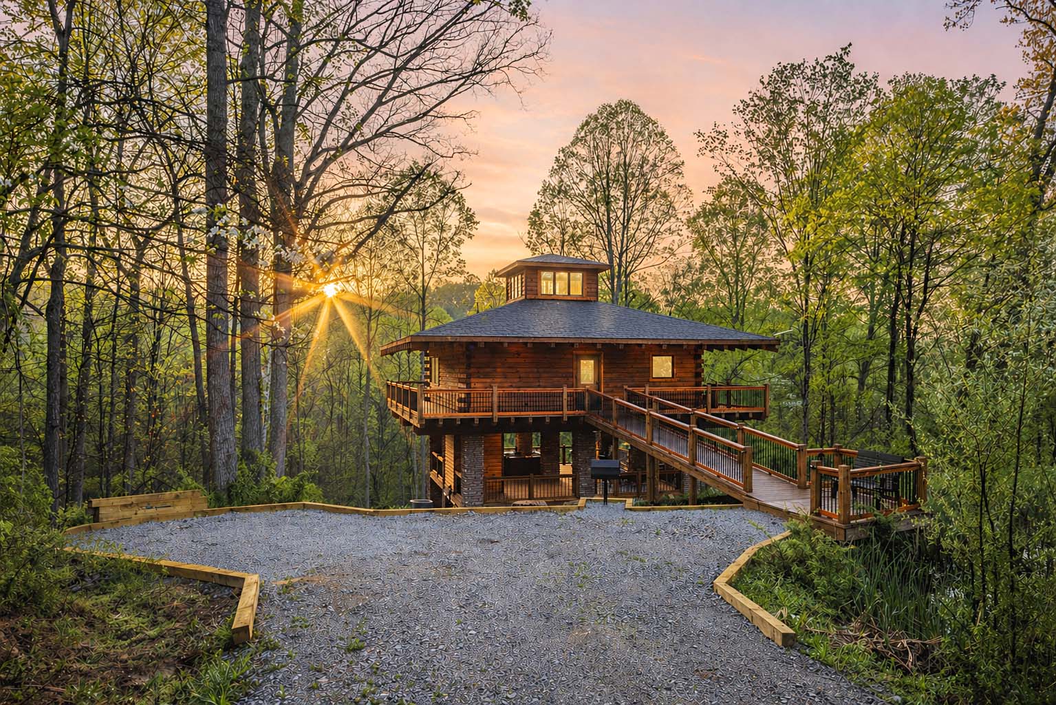 Cloud 9 Treehouse cabin at dusk