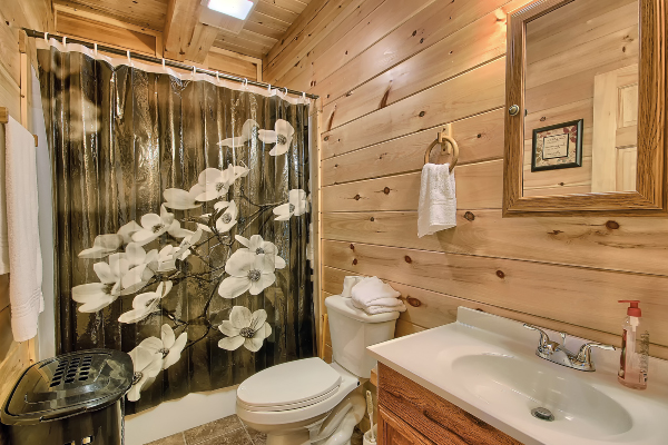 Rustic cabin bathroom with natural stone accents