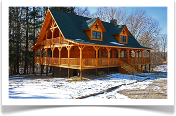 2 story, exterior loft windows, wrap around lodge porch