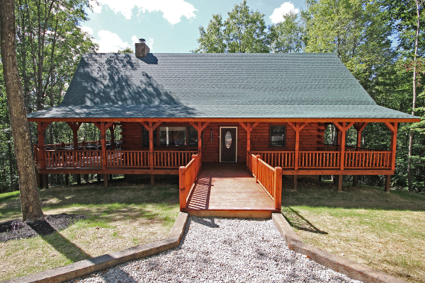 Front of Lodge, with Wide Ramp leading to Front Door Wrap-Around Porch