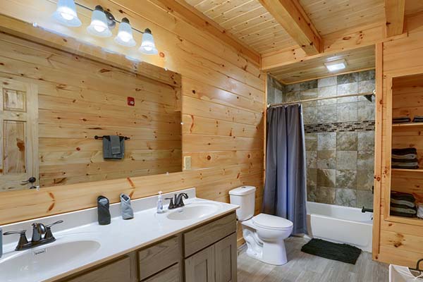 Inviting cabin bathroom with modern amenities