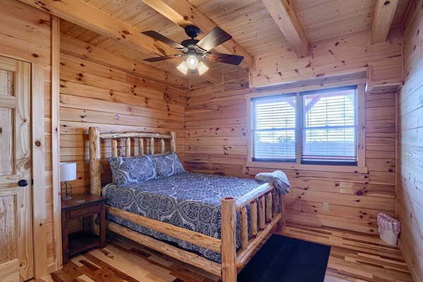 Wooden furnishings and cabin-themed accents