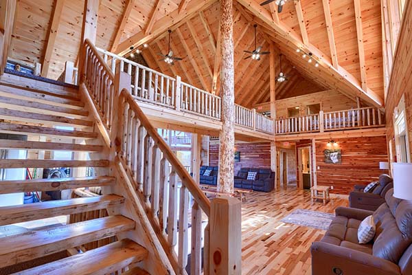 Loft Stairs, toward Great Room, showing Cedar Accent Walls