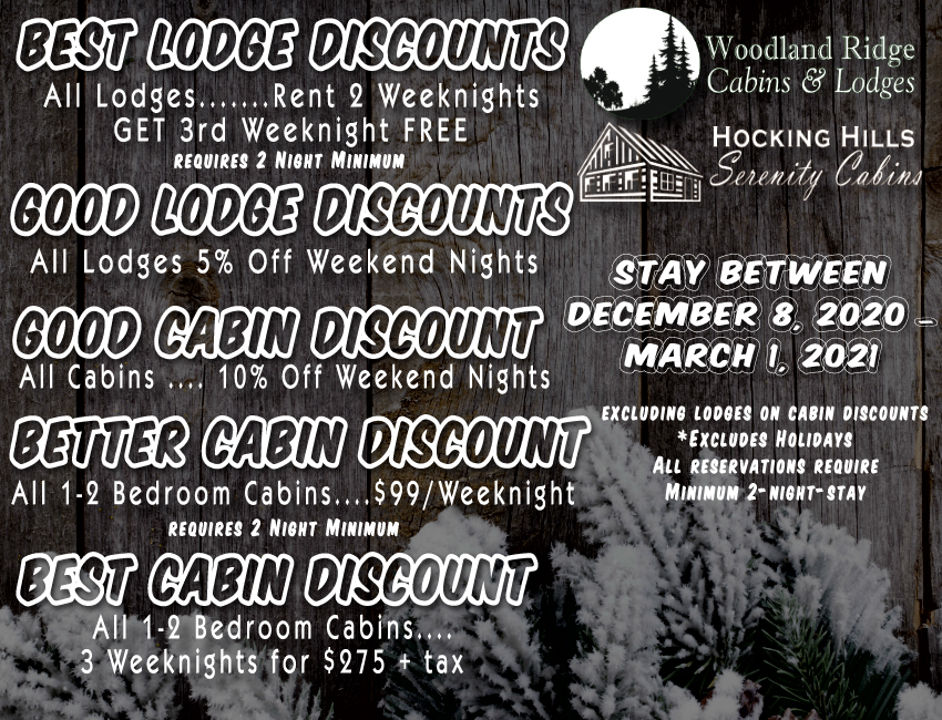 Winter Discounts Ad Hocking Hills Serenity Cabins Best Lodge and Cabin Discounts